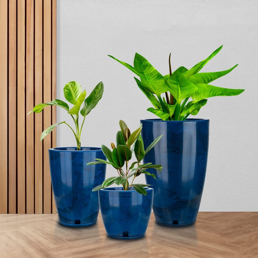 Floridis Planter, Set of 3, Outdoor/Indoor, Plastic Resin (Blue - Marble Effect)