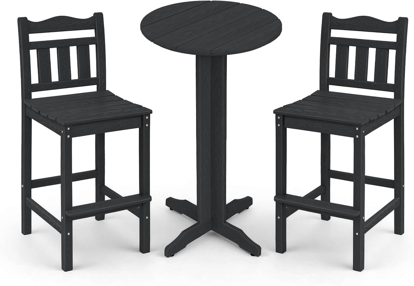 3-Piece Outdoor Bar Set, HDPE Adirondack Bar Height Chairs Set of 2 and Round Bar Table, All Weather Patio Bistro Set for Balcony, Poolside, Backyard (Black)