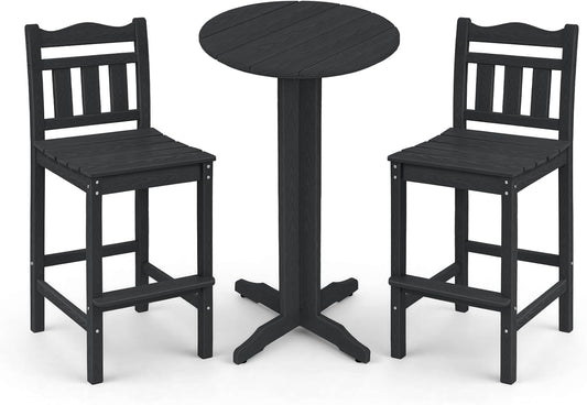 3-Piece Outdoor Bar Set, HDPE Adirondack Bar Height Chairs Set of 2 and Round Bar Table, All Weather Patio Bistro Set for Balcony, Poolside, Backyard (Black)