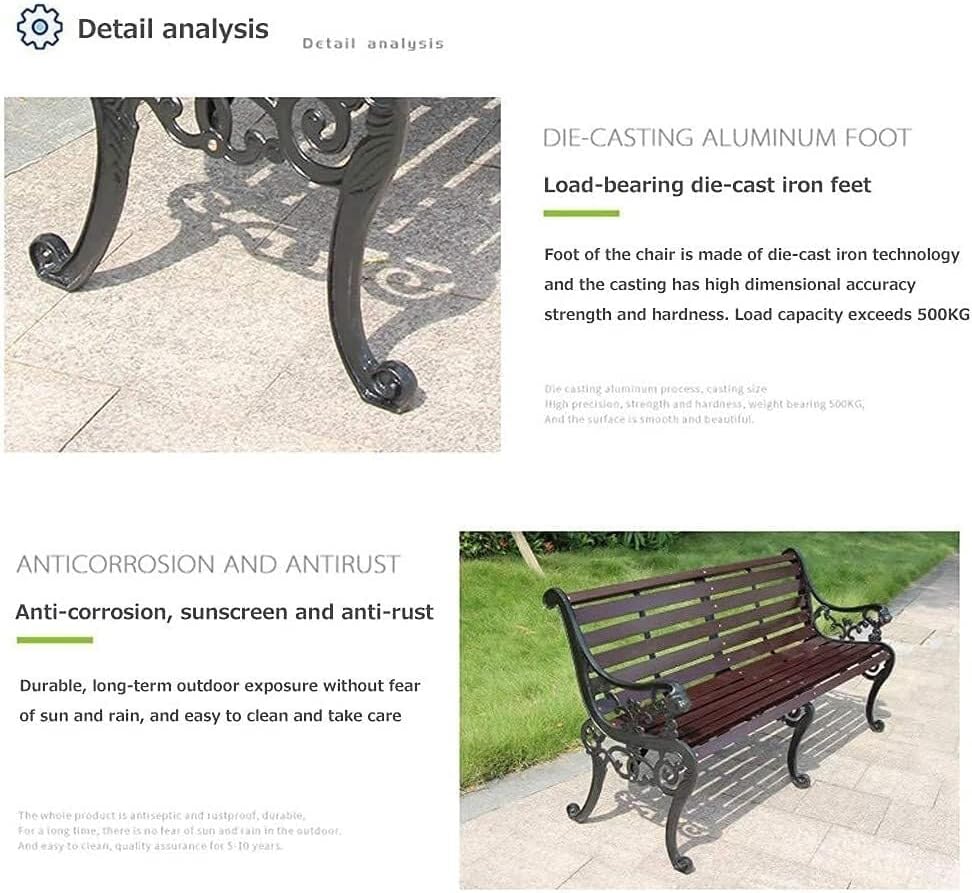 Outdoor Solid Wood Garden Park Bench for 2-3 People, Weatherproof Patio Lawn Bench Porch Seat with Cast Iron Frame, Porch/Deck/Patio Furniture Bench with Backrest and Armrests(Teak+Antique bronze Legs
