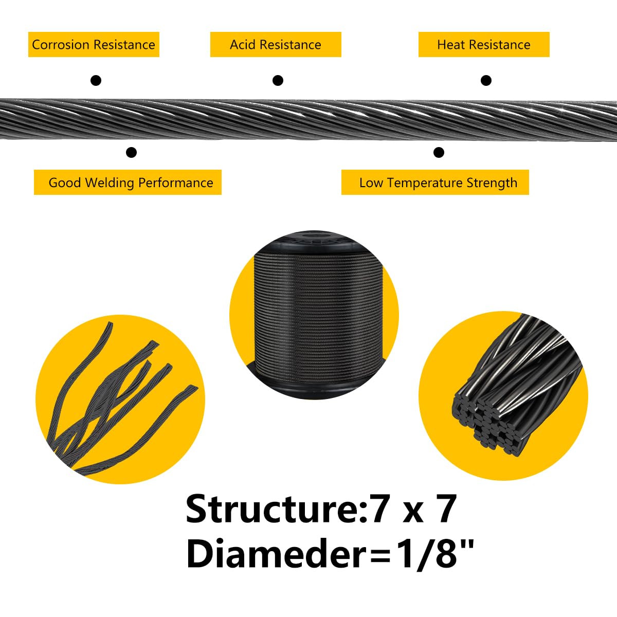 Black 200FT 1/8" T316 Stainless Steel Cable with Cutter, 7x7 Strands Aircraft Wire Rope for Deck Railing, Stair Handrail, Porch Fence, High Strength for Indoor and Outdoor Use