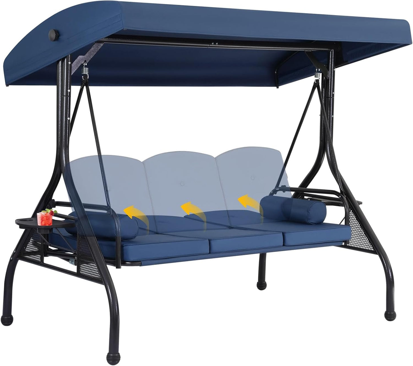 3 Seat Outdoor Porch Swing with Adjustable Canopy,2 in 1 Patio Swing Bed with Stand 800lbs for Adults,Outdoor Swing with Removable Cushion, Cup Holder ＆ Pillow for Backyard, Porch, Garden