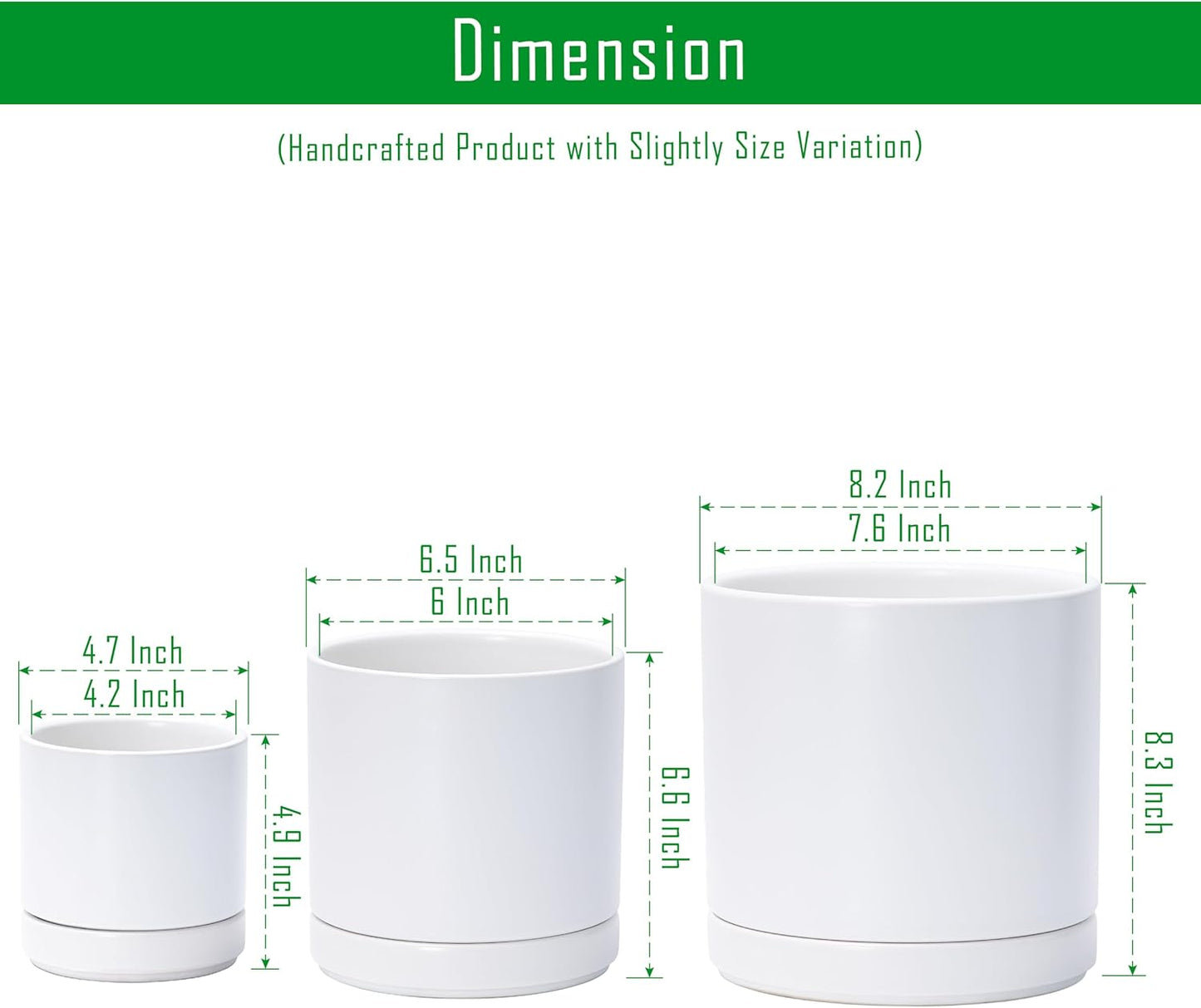 D'vine Dev 4 Inch & 6 Inch & 8 Inch, Set of 3 Round Ceramic Planter Pot with Drainage Hole and Saucer, White, 94-T-M-1