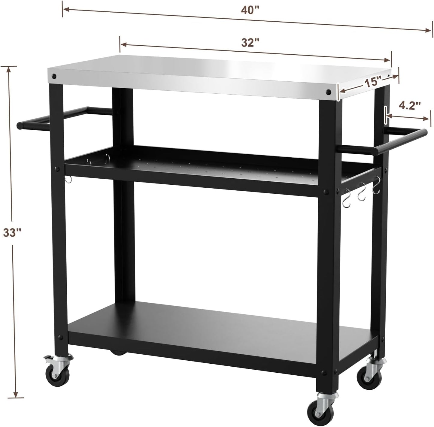 Outdoor Grill Cart with Three-Shelf, Stainless Steel Pizza Oven Table for Outside, Dining Kitchen Cart with Two Side Handle, Garden Patio BBQ Kitchen Food Prep Table Cart (Black)