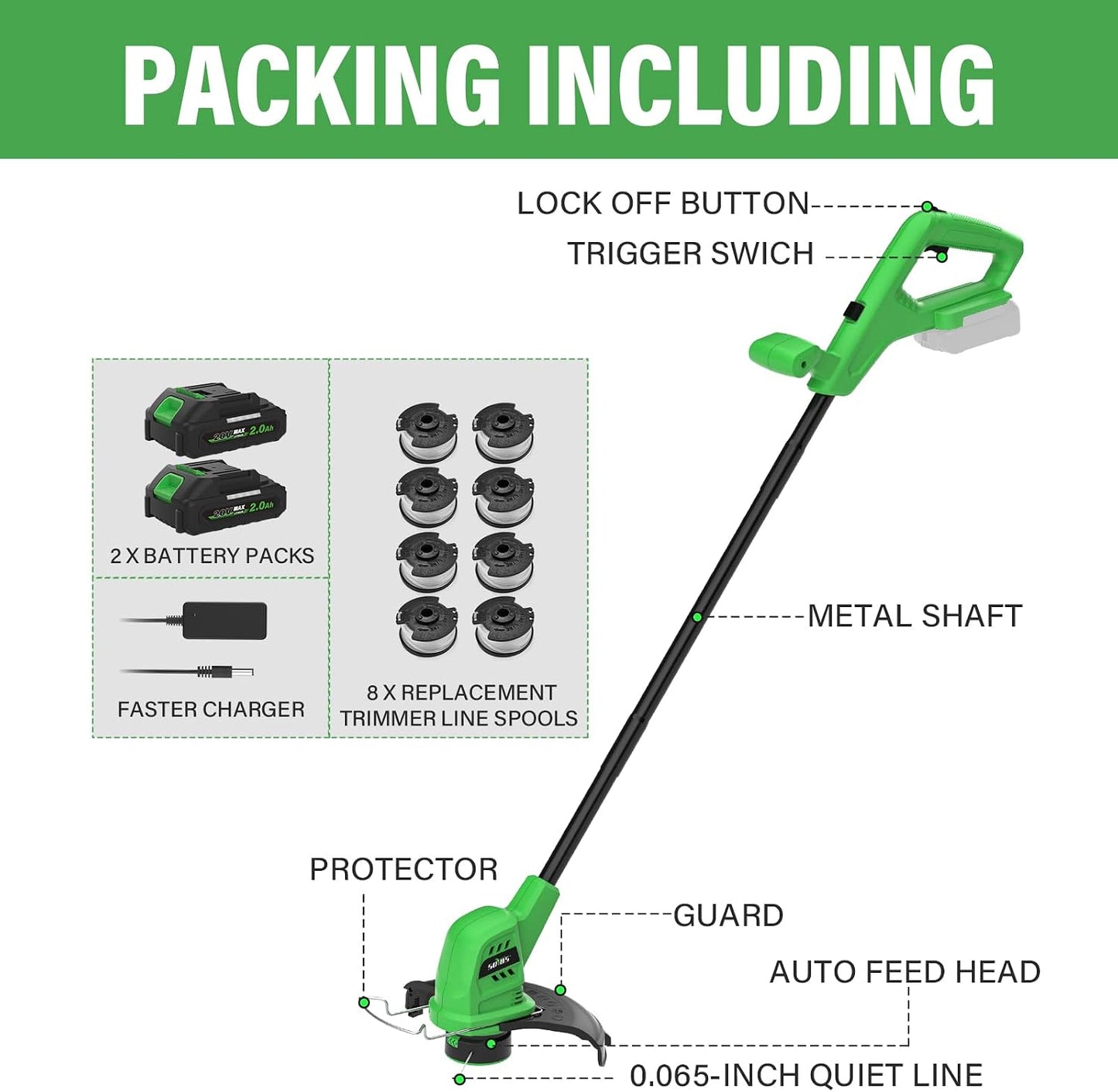 Cordless Weed Wacker 20V, 2×2.0Ah Battery Powered String Trimmer with Charger, 10-Inch Electric Grass Trimmer Edger for Yard and Garden, Green