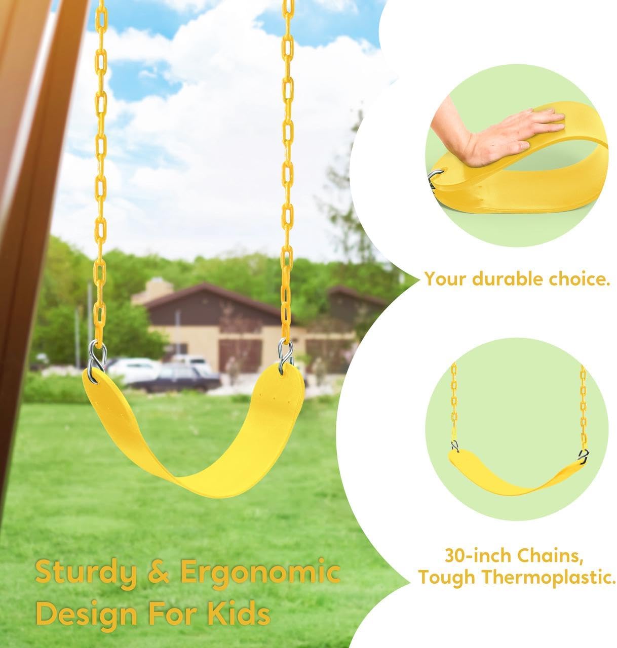TURFEE Swing for Outdoor Swing Set - Pack of 1 Seat Replacement Kit with Heavy Duty Chains - Backyard Swingset Playground Accessories for Kids (Yellow)