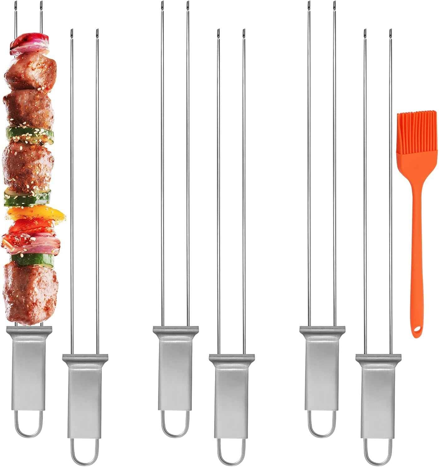 6pcs Stainless Steel Kabob Skewers - 12.6" Double Pronged Reusable BBQ Skewer with Push Bar for Easy Grilling & Quick Release