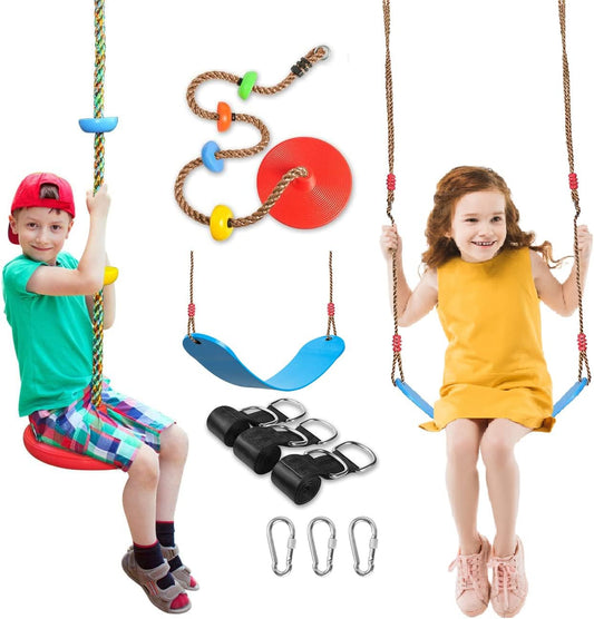 2 Pack Swing Seats with Tree Climbing Rope, Multicolor Swings with Platforms - Outdoor Toys for Kids&Adults- Playground Backyard Swingset Accessories with 5Ft Strap and Snap Hook