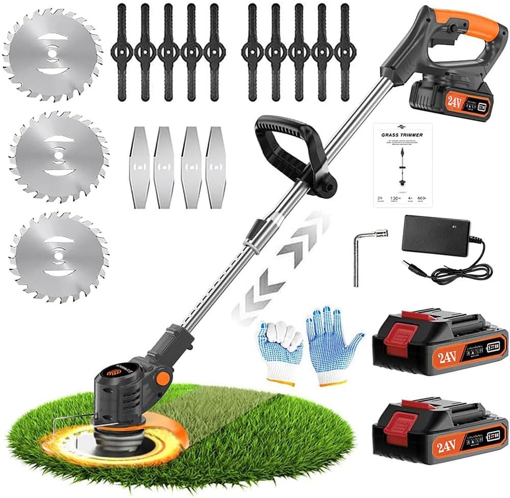 Weed Wacker 24V Eater Battery Brush Cutter, Electric Eater Battery Cordless stringles with 2 Batteries, 1 Charger, 3 Types Blades, Weed Wacker Battery Powered, Lightweight Battery Electric Weed