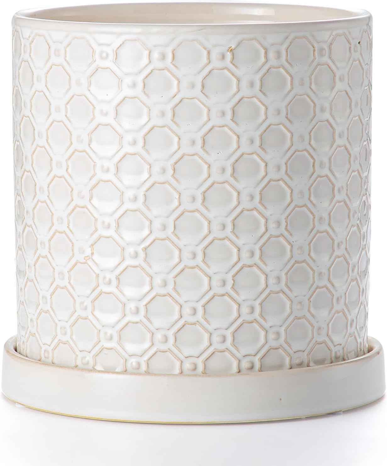 8 Inch Plant Pot: Ceramic Planter with Drainage Hole & Saucer Indoor Outdoor Plants - Cylinder Round Flower Pot for Home Office - Modern Decorative - Medium White