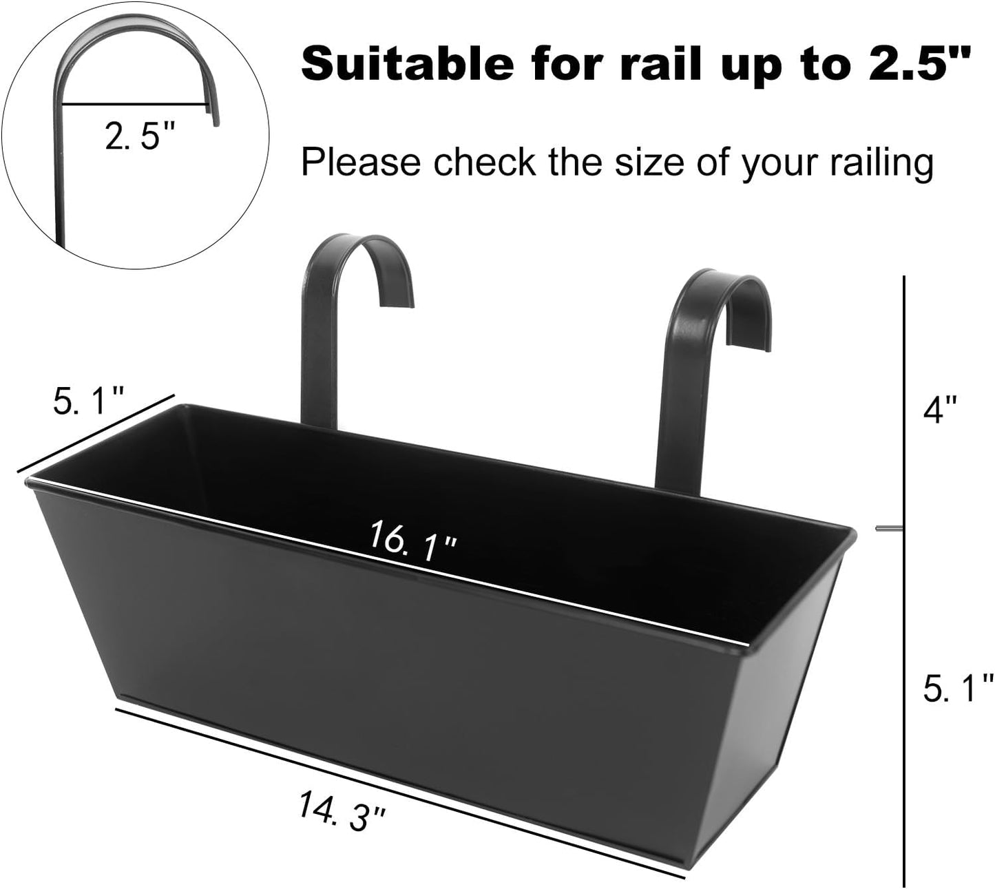 Railing Planters Outdoor Balcony 16 Inch Deck Over The Railing Planter Boxes Hanging Planters for Fence Flower 5 Pcs (Black)