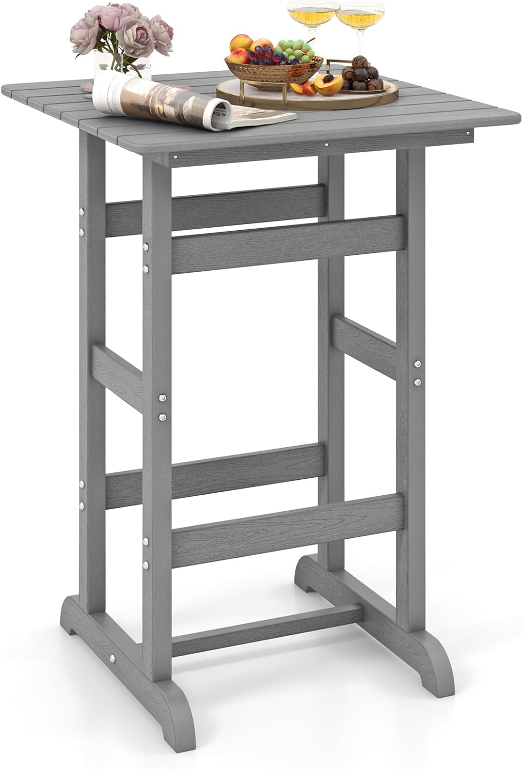 Giantex 42" Height Outdoor Tall Bar Table, HDPE Square Pub Tables with Wood Grains, High Top, Cocktail Bistro Table for Adirondack Chairs, Patio, Garden, Poolside, Yard, Balcony, Grey