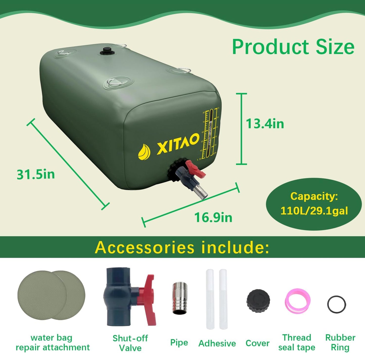 XITAO 29Gal Storage Bladder w/Level Indicator, Large Capacity Foldable Containers, Portable Emergency Tank Bag for RVs, Fire Prevention, Irrigation, Green