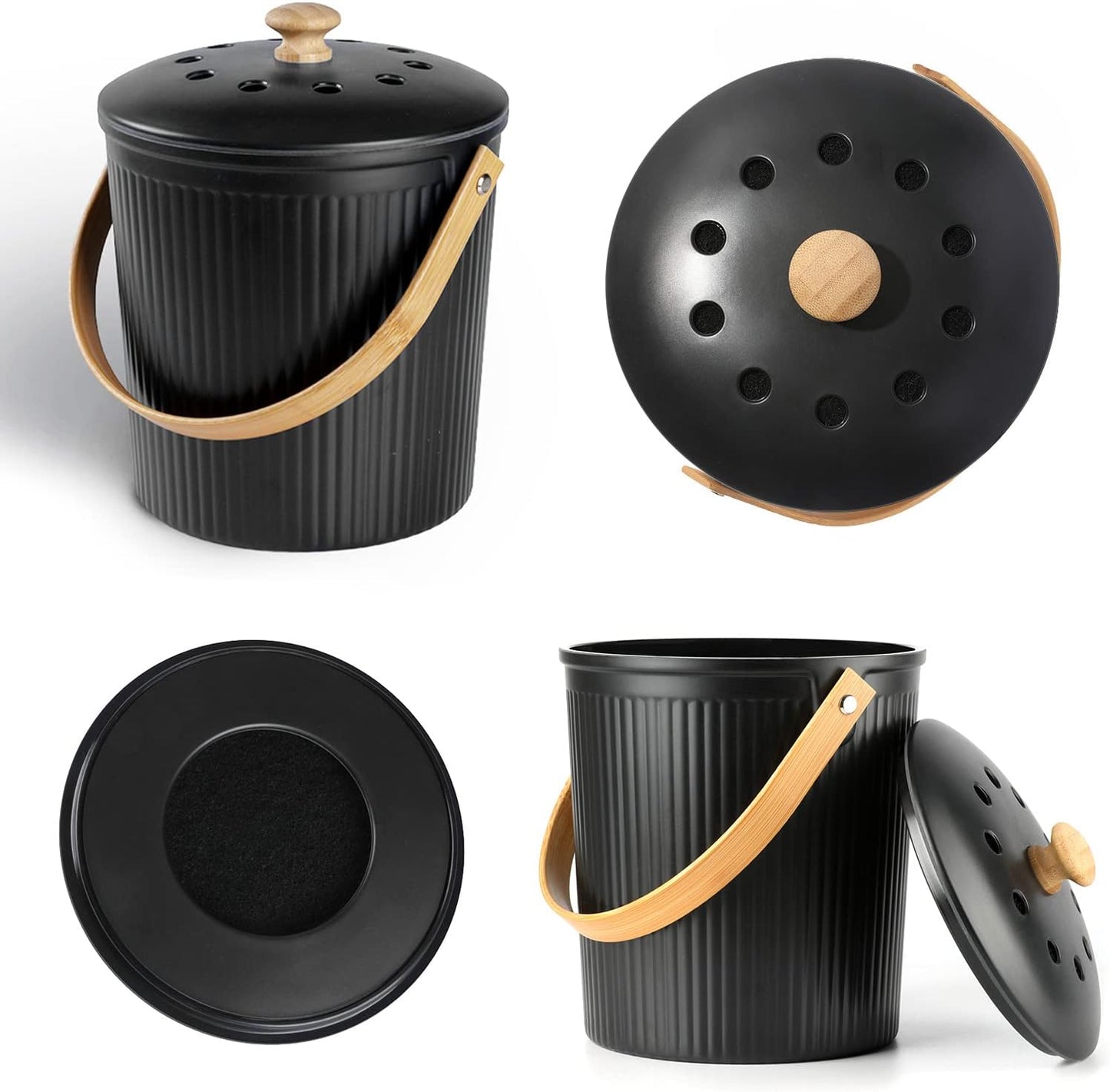 Countertop Compost Bin, LALASTAR Compost Bin Kitchen with Lid, Made of Sustainable Bamboo Fiber, Indoor Food Composter for Kitchen, Odorless, 1 Gallon, Black