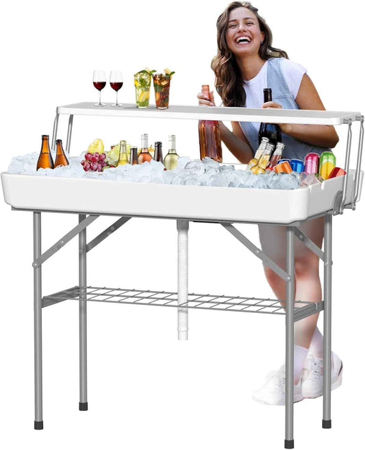 Ice Cooler Table with Drain, Two-Tier Plastic Folding Tables, with Removable Matching Skirt and Shelf, Indoor Outdoor Use for Party Camping Picnic Fishing Cleaning, 440 lbs Capacity