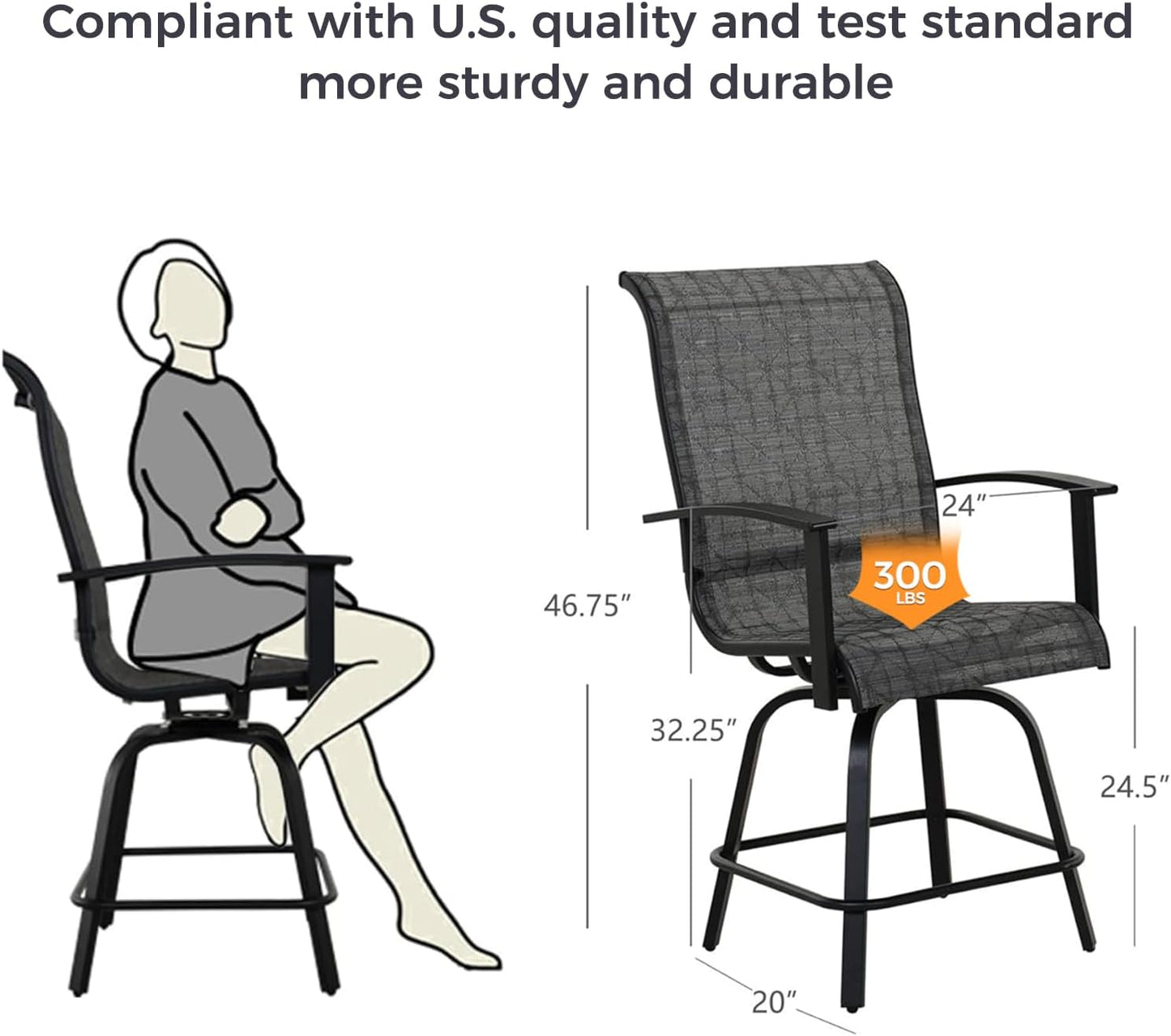 Grand patio Outdoor Swivel Bar Stools with Armrests & Backs, Set of 4 (Black & Grey Plaid)
