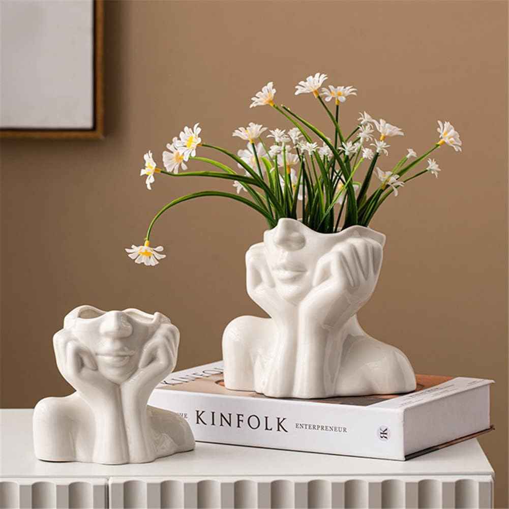 Ceramic Face Vase, White Flower Vases for Decor Female Form Head Half Body Vase Boho Unique Decorative Modern Style for Home Living Room Office Book Shelf (Medium)