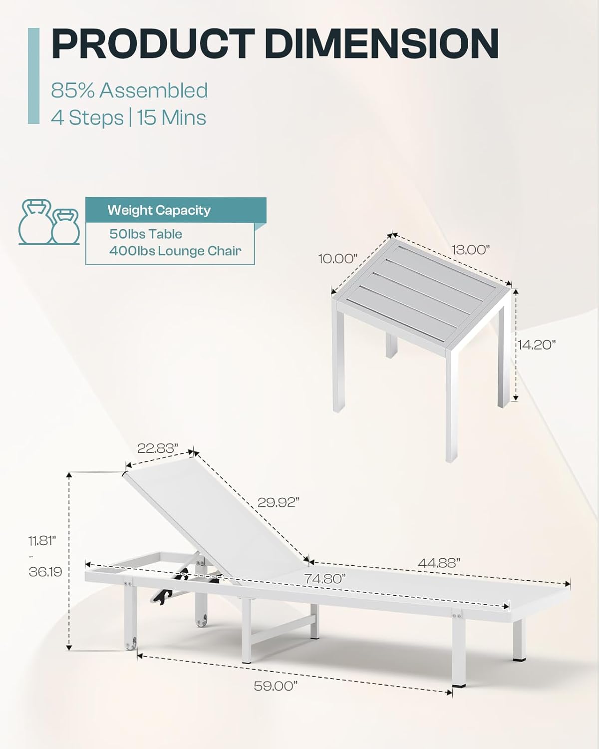 Lounge Chair Outdoor with Wheels, Aluminum Patio Chaise Lounge Chair with 5 Adjustable Backrest - Easy to Move- Pool Lounge Chairs for Deck, Beach, Poolside (White)