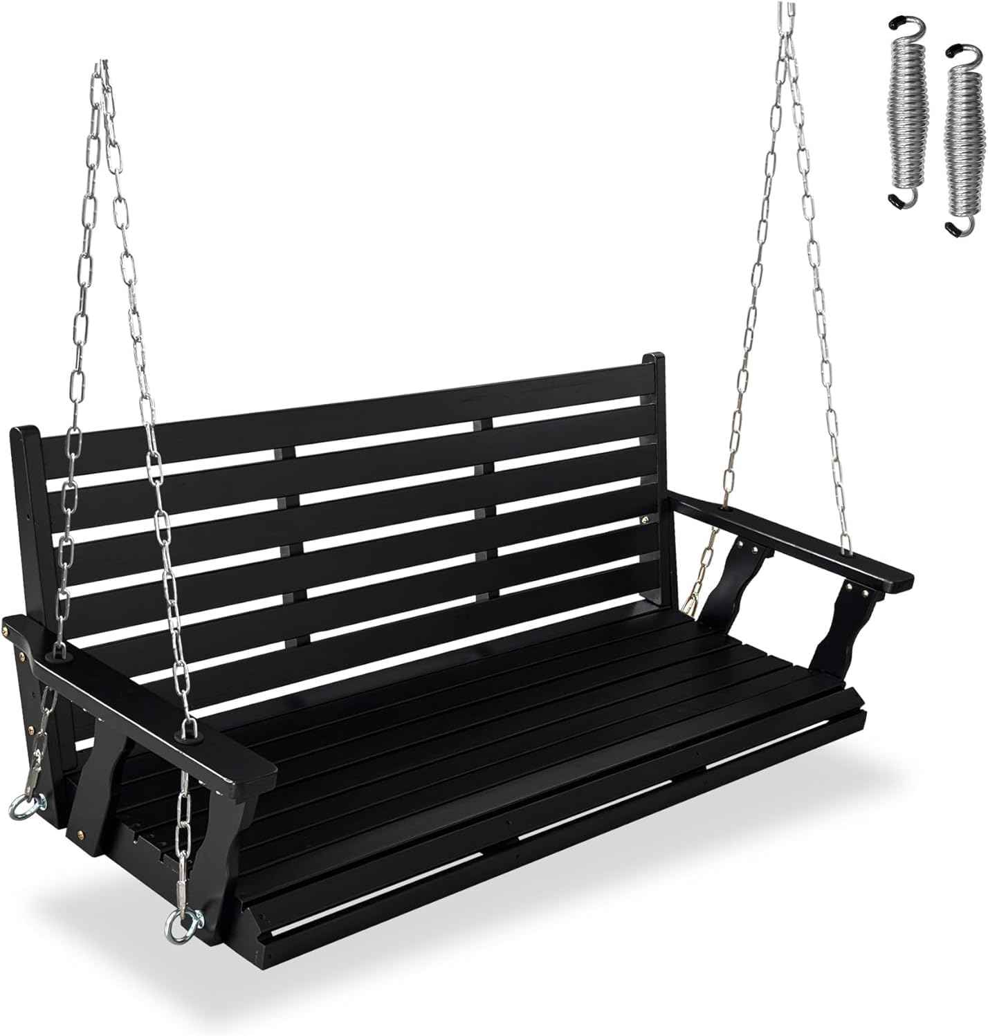 Wooden Porch Swing, Ergonomic Seat, Bench Swing with Hanging Chains and 7mm Springs, Heavy Duty 880 LBS, for Outdoor Patio Garden Yard (Carbon Black, 3-Seater Extra Large)