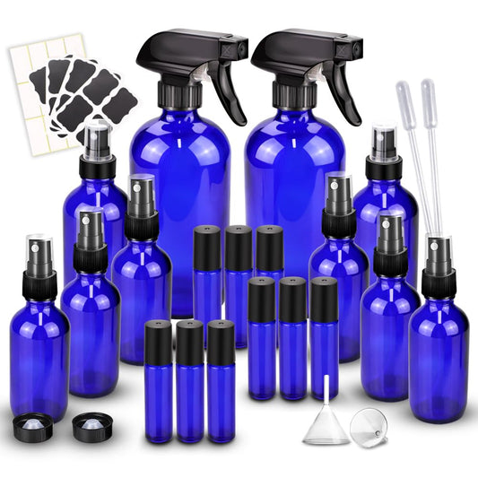 Glass Spray Bottle Kit×10 (2×16 oz, 2×4 oz, 6×2 oz), 9×10 ml Roller Bottles, Anti UV, Multi Size and Versatile, Suitable for Aromatherapy, Facial Moisturizing, Watering, etc.(Blue