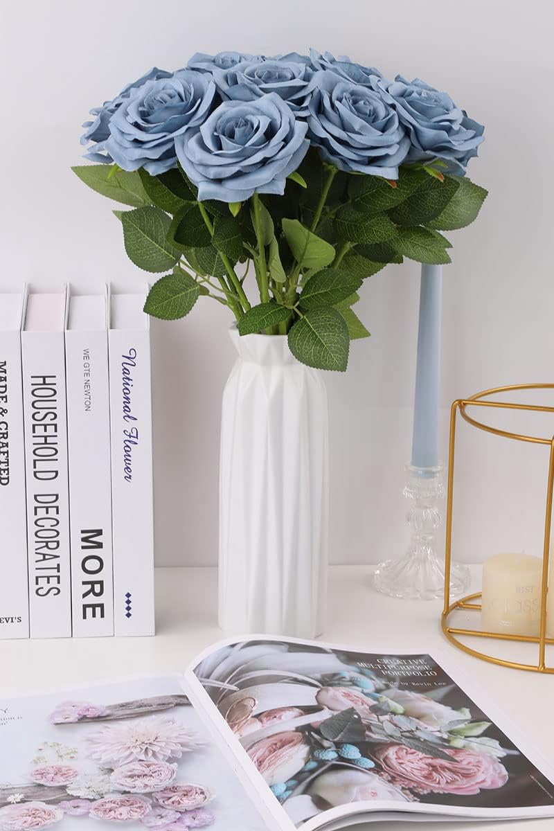 LVEFIT Artificial Rose Flower Dusty Blue Flowers Dusty Blue Roses Silk Flowers 12 pcs with Long Stem Silk Roses Bouquet for Wedding Bridal Shower Party Home Decoration