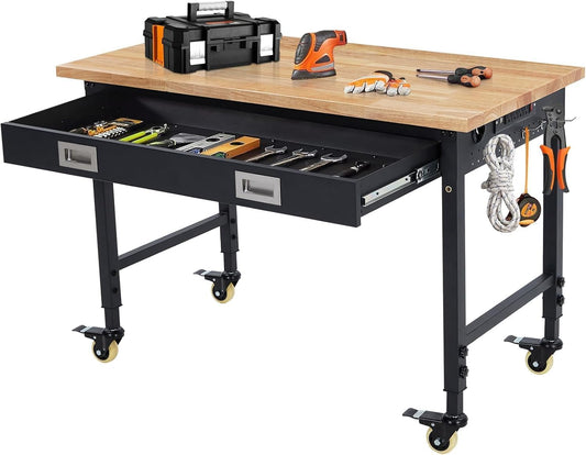 48x24 Inch Garage Workbench with Wheels, Adjustable Rubber Wood Top Garage Workbench with Power Outlet, 2000 Lbs Load Capacity for Workshop, Woodworking, Office
