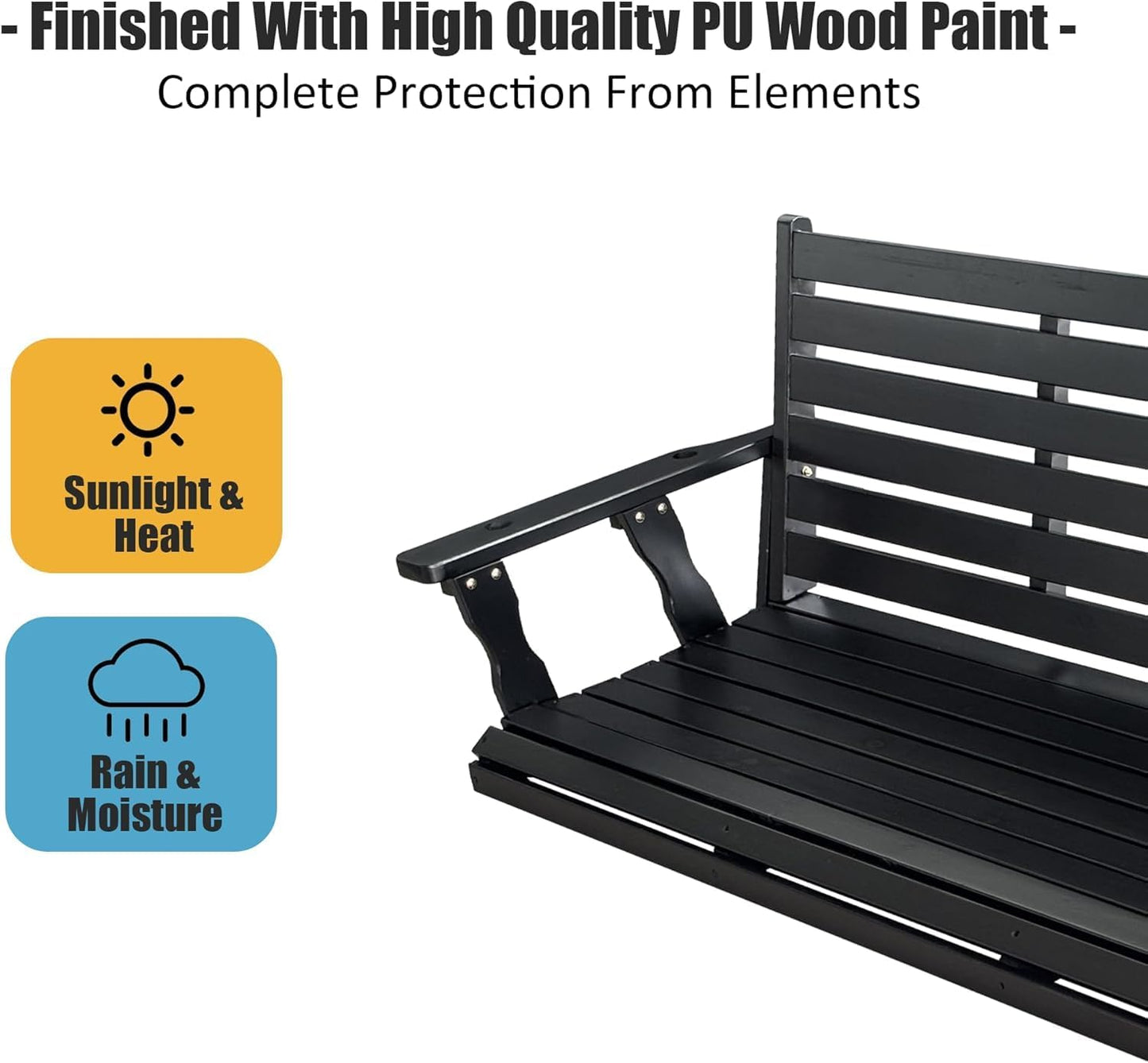 Wooden Porch Swing, Ergonomic Seat, Bench Swing with Hanging Chains and 7mm Springs, Heavy Duty 880 LBS, for Outdoor Patio Garden Yard (Carbon Black, 3-Seater Extra Large)