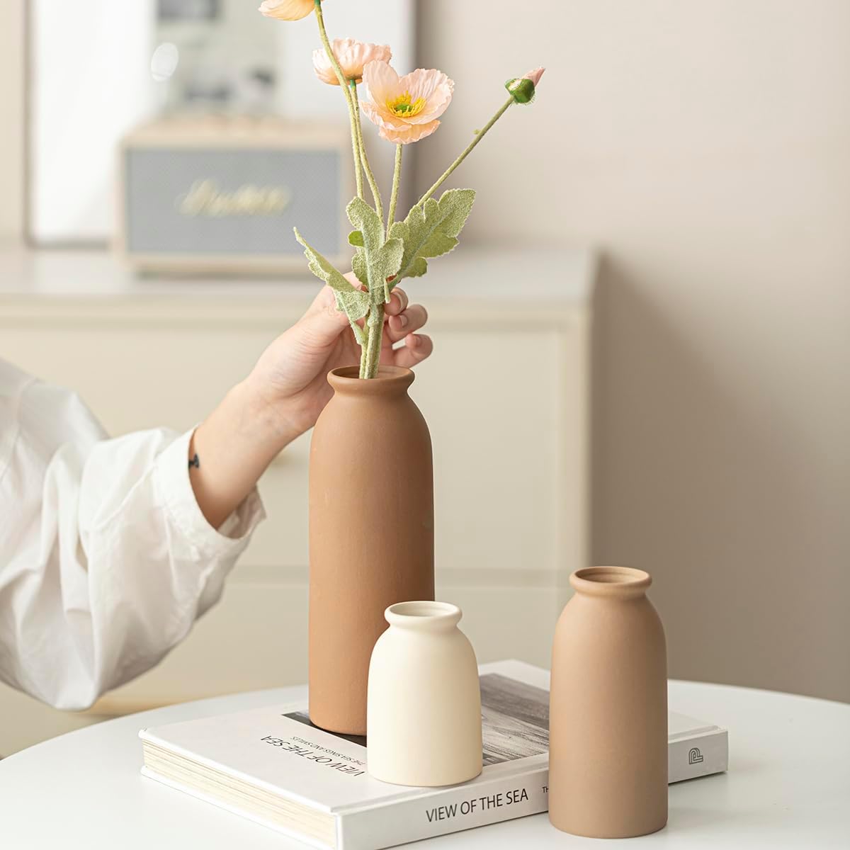 Ceramic Vase Set-3, Small Flower Vases for Decor, Modern Boho Farmhouse Style, Decorative Vases for Pampas Grass & Dried Flowers, Distressed Finish (Earth Tone)