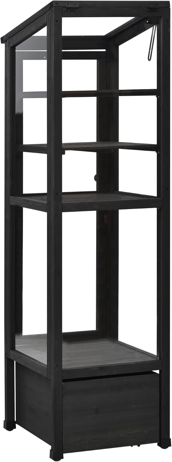 62.4inch Height Wood Garden Greenhouse Balcony Portable Mini Cold Frame with Movable Storage Box and Adjustable Shelves for Outdoor Indoor Use Black