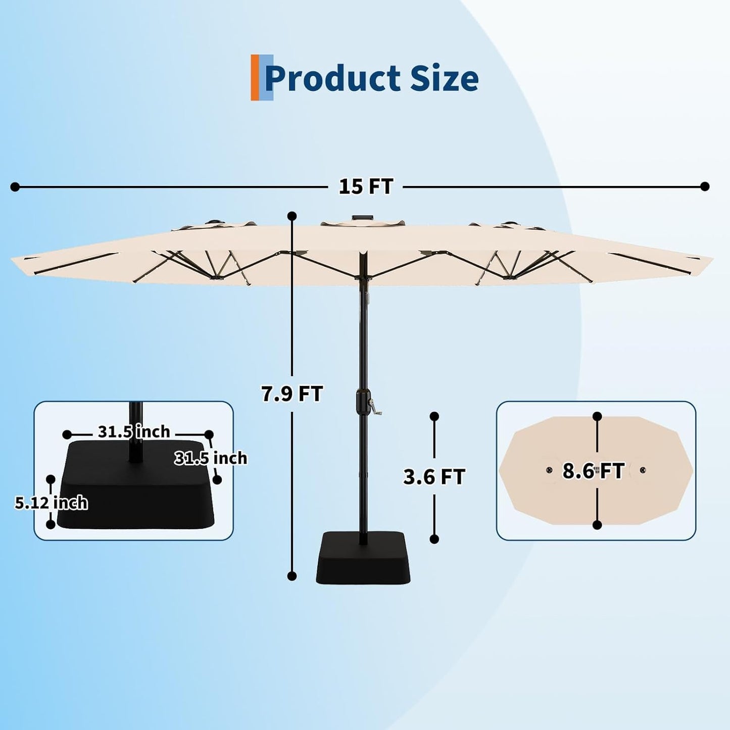 15FT Extra Large Double-Sided Patio Umbrella with Solar LED Lights – Heavy-Duty Rectangular Outdoor Market Umbrella, Fade-Resistant UV Canopy, Included Base for Backyard, Pool, Deck, Garden – Beige/Mist Blue