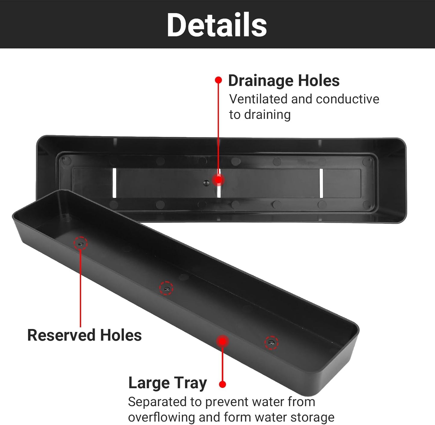 GREANER 16x3.8 Inch Herb Window Boxes 1PCS, Black Planter with Removable Trays and Drainage Holes, Succulent Flower Rectangular Plastic Pot for Balcony, Office, Windowsill, Garden, Indoor Outdoor Use