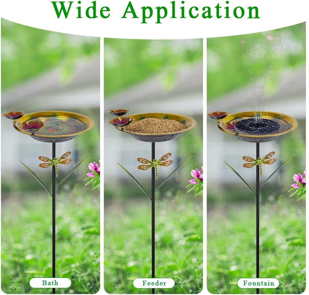DREAMSOUL 39" Tall Bird Bath with Dragonfly Stake, Metal Birdbath with Flower Feeders, Freestanding Bird Bath for Outside Garden Yard Patio