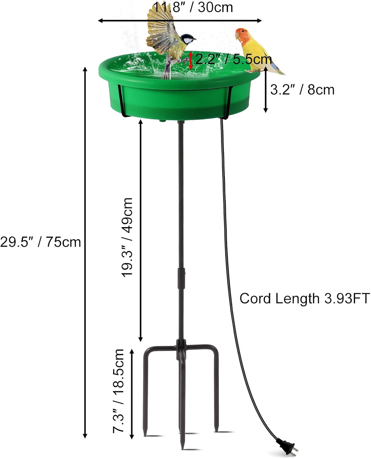 HRAYLTOP Standing Heated Bird Bath for Outdoors for Winter, 75W Heated Bird Baths with Detachable Power Cord,Thermostatic Control Available All Seasons for Garden Yard Patio Lawn（Green）