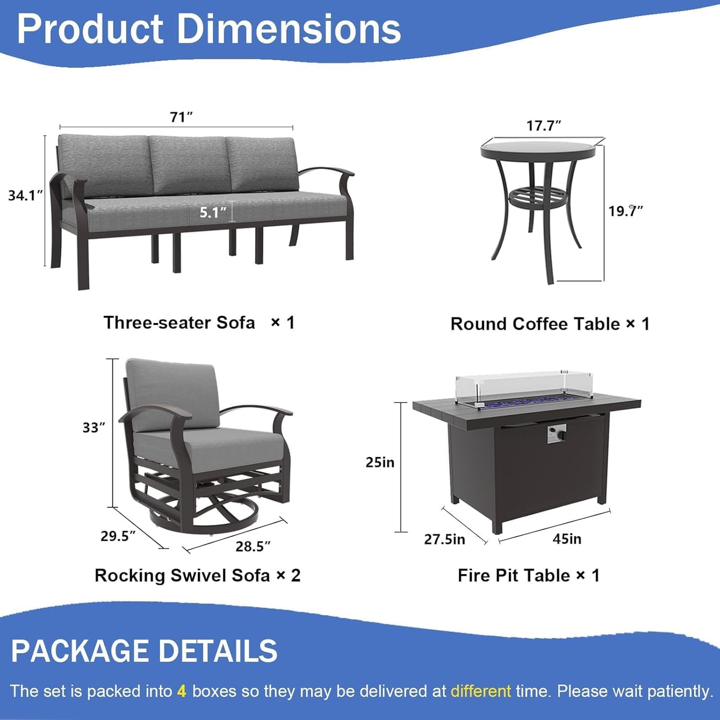 Kullavik Aluminum Patio Furniture Set,5 Piece Modern Metal Outdoor Patio Furniture w/5.1'' Thick Cushion,Swivel Chairs and 45" Propane Fire Pit Table,Patio Conversation Sets for Porch,Deck,Grey
