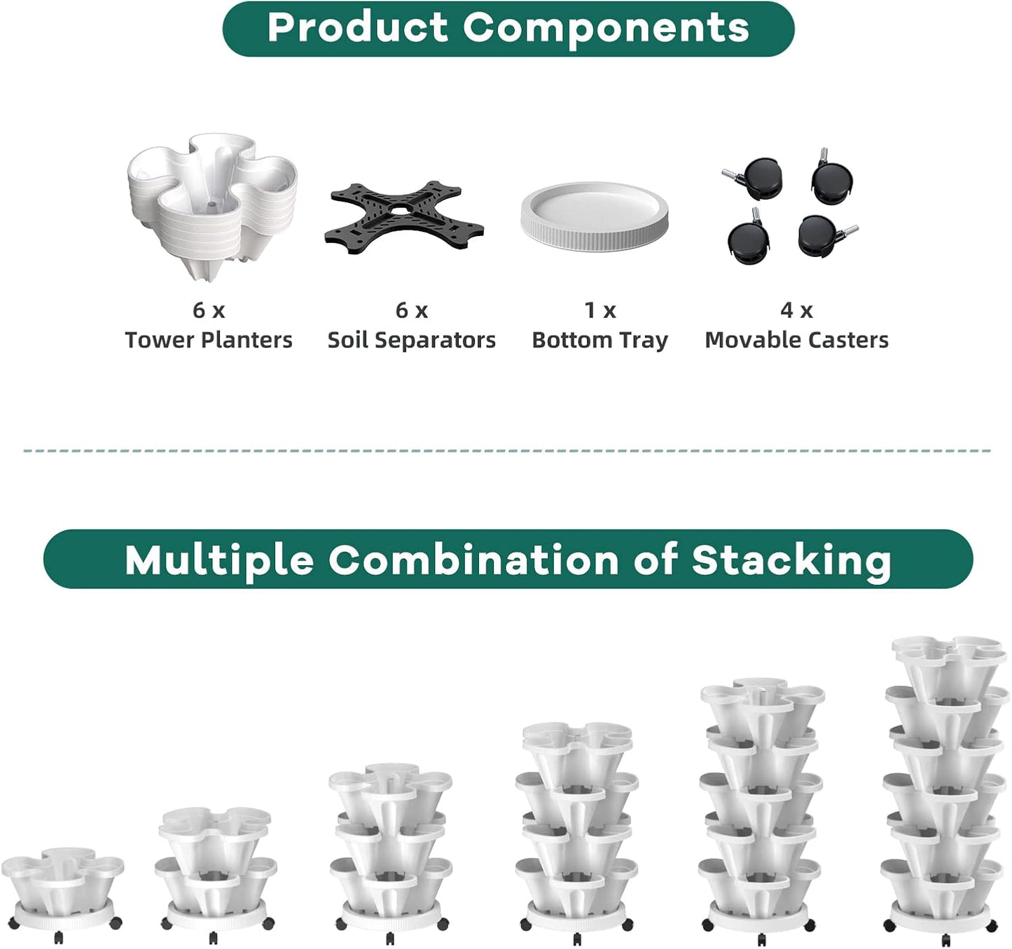 2 Pack 6 & 3 Tiered Strawberry Vertical Planter Tower Garden, Stackable Herb Garden Planter with Movable Casters and Bottom Saucer Indoor and Outdoor