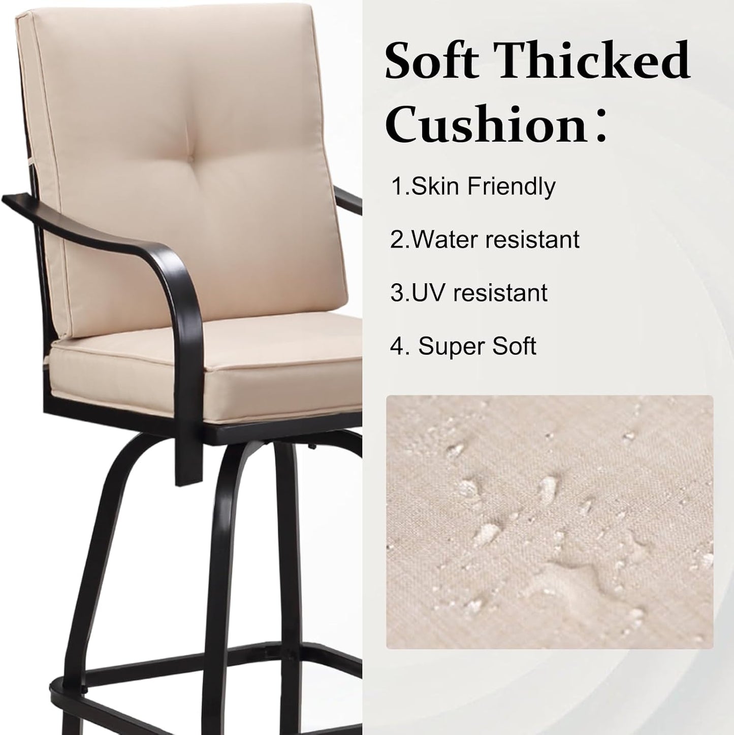 Patio Swivel Bar Stools, Outdoor High Back Swivel Bar Chair Set of 6 with Cushion & All Weather Steel Frame for Backyard, Lawn, Poolside and Balcony, Beige