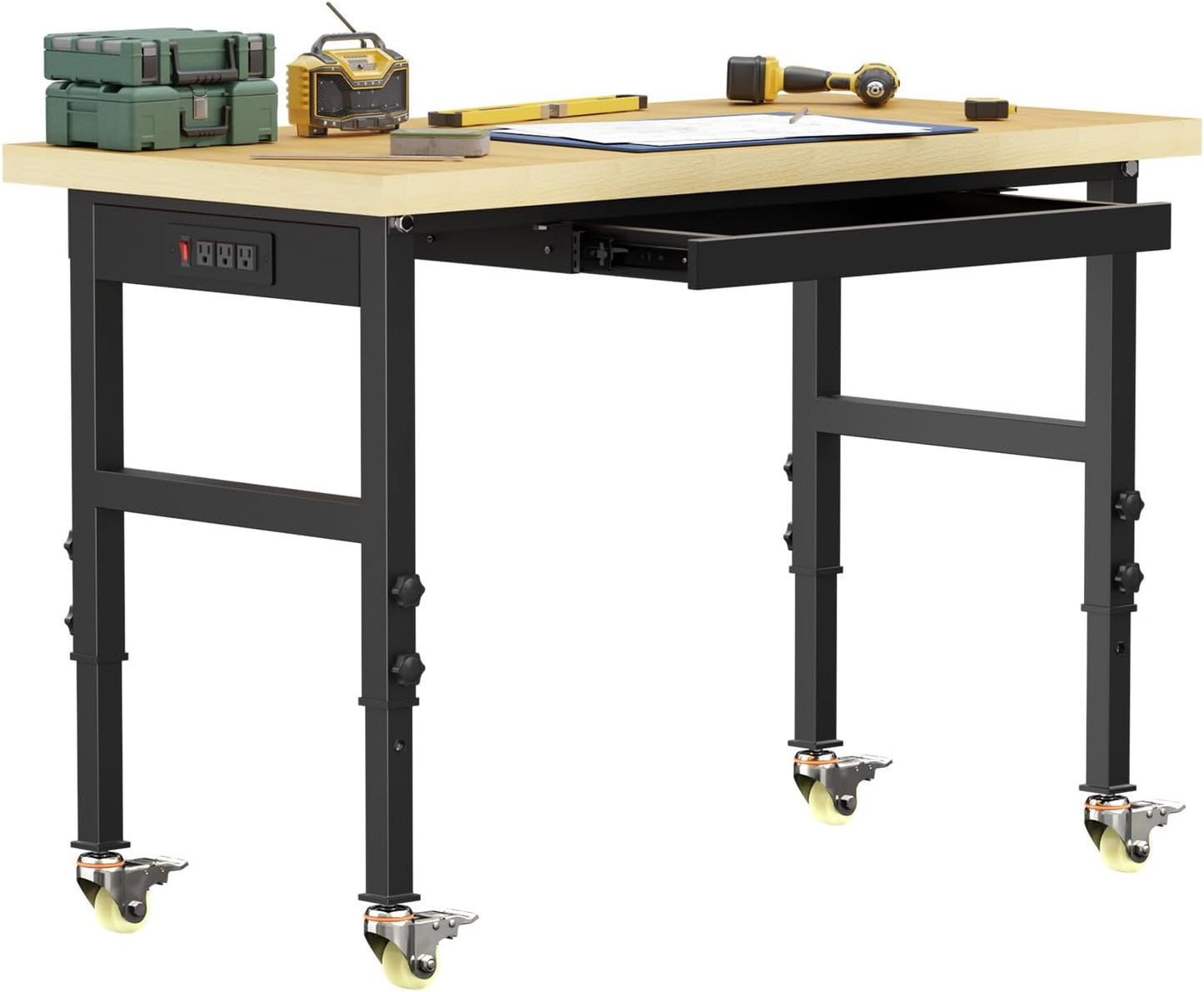 48" Adjustable Workbench, Work Bench Table with Wheels and Power Outlet, Rolling Workbench with Drawers, Large Load Capacity Garage Workbench for Workshop,Office,Home