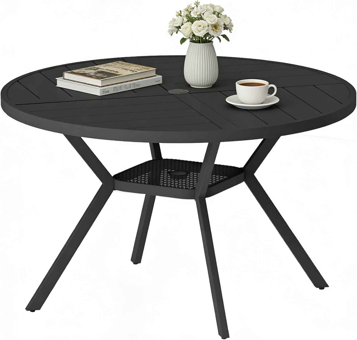 47" Outdoor Patio Table Dining Table, All Weather Metal Round Patio Table with Adjustable Umbrella Hole, Patio Furniture for Lawn Garden Backyard, Black