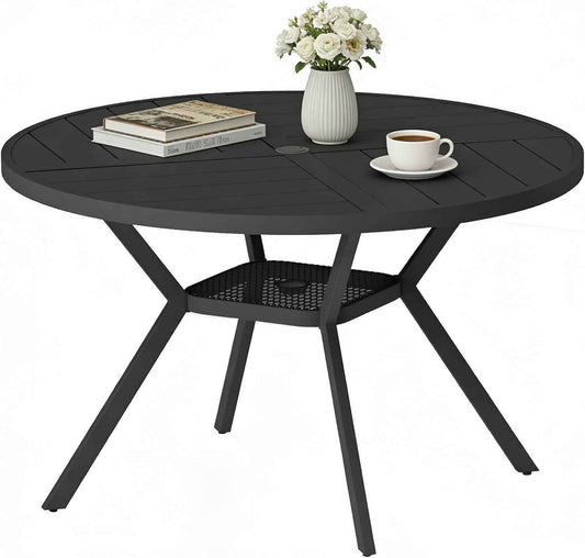 47" Outdoor Patio Table Dining Table, All Weather Metal Round Patio Table with Adjustable Umbrella Hole, Patio Furniture for Lawn Garden Backyard, Black