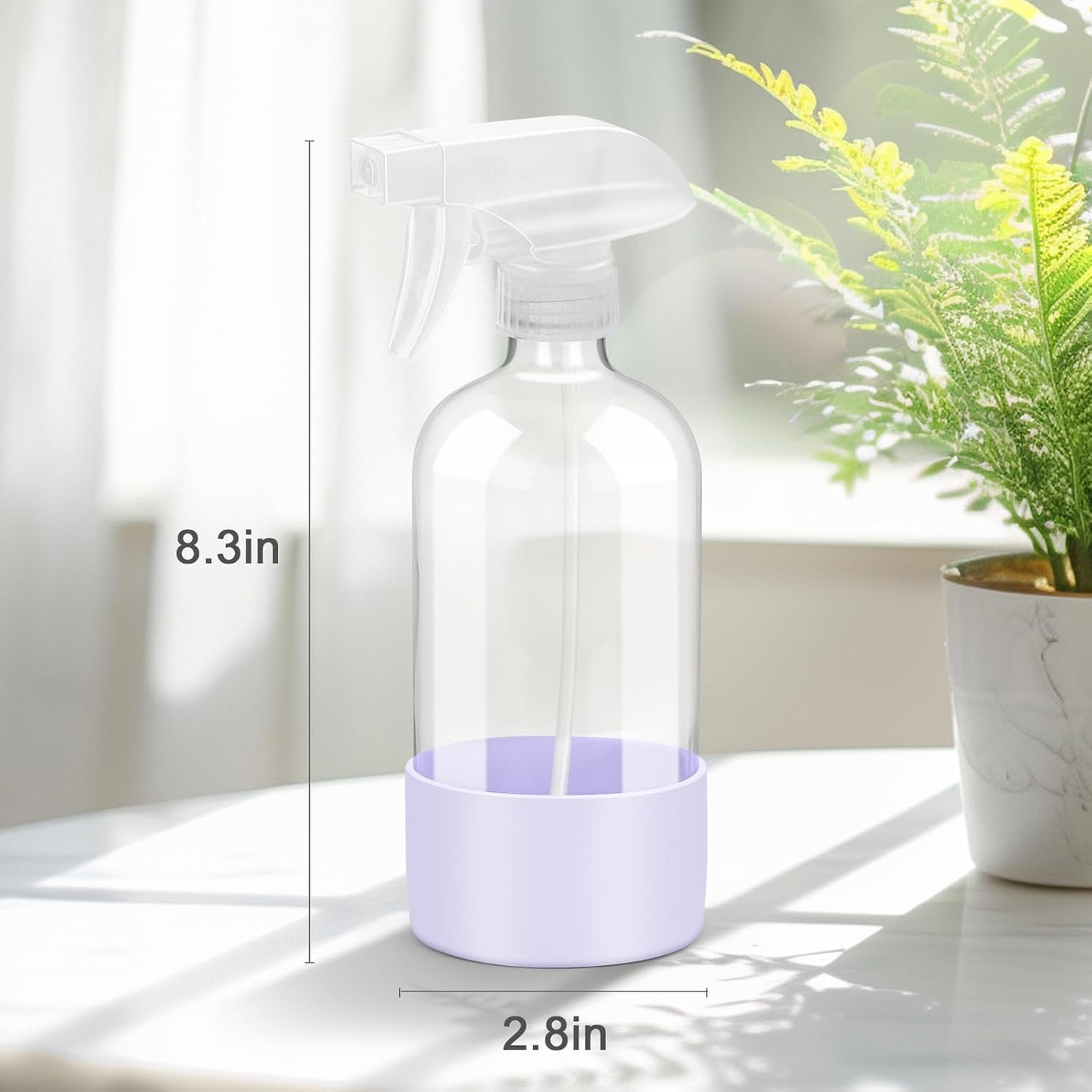 2 Pack Glass Spray Bottles with Silicone Sleeve, 16 oz Empty Refillable Containers with Adjustable Spray Nozzles, Spray Bottles for Hair, Cleaning Solutions and Plants Purple