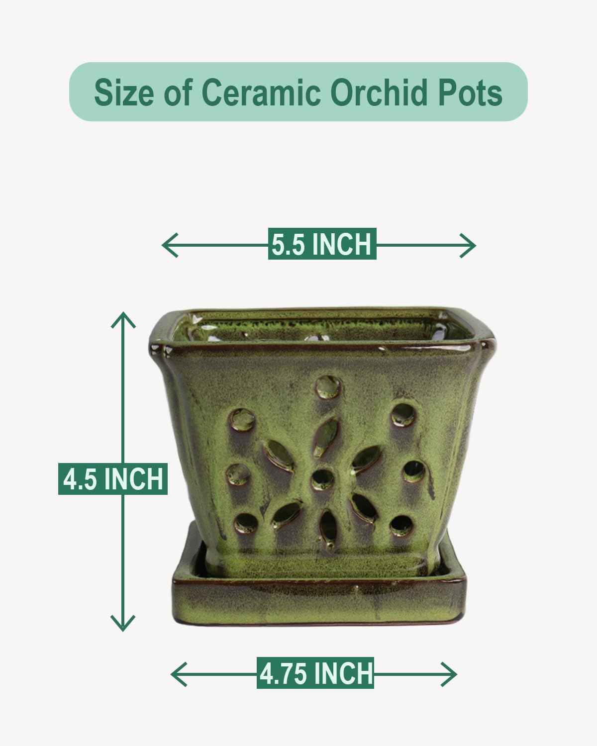 vensovo 5.5 Inch Orchid Pot with Holes Rectangular for Repotting, Ceramic Orchid Planter Indoor/Outdoor Use with Enhanced Airflow & Drainage, Green