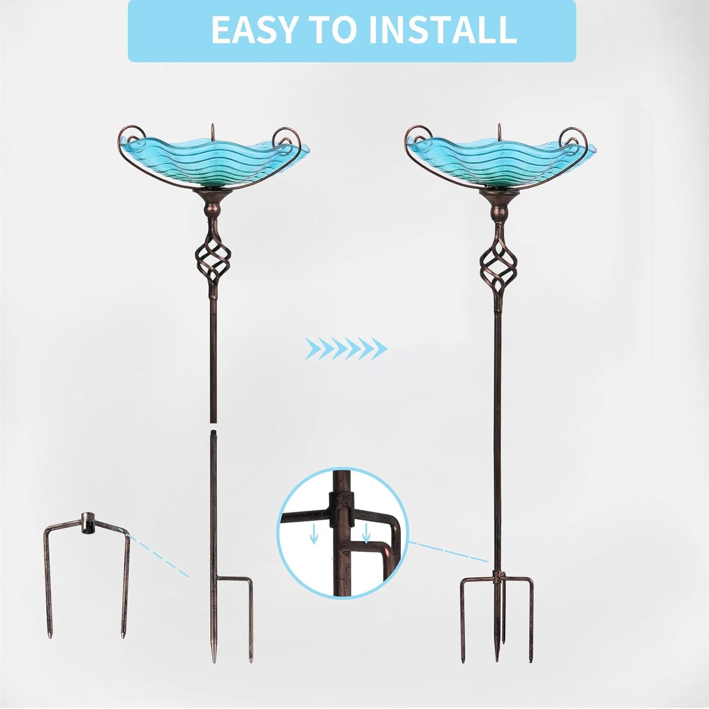 MUMTOP 31 Inch Height Glass Birdbaths, Outdoor Bird Bath Birdfeeder with Metal Stake Garden Yard Outside, Blue