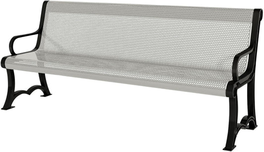 Heavy-Duty Outdoor Bench Thermoplastic Coated, Punched Steel, Commercial-Grade Garden Bench, Made in America (Portable with Back, 4 Ft, Textured Grey)