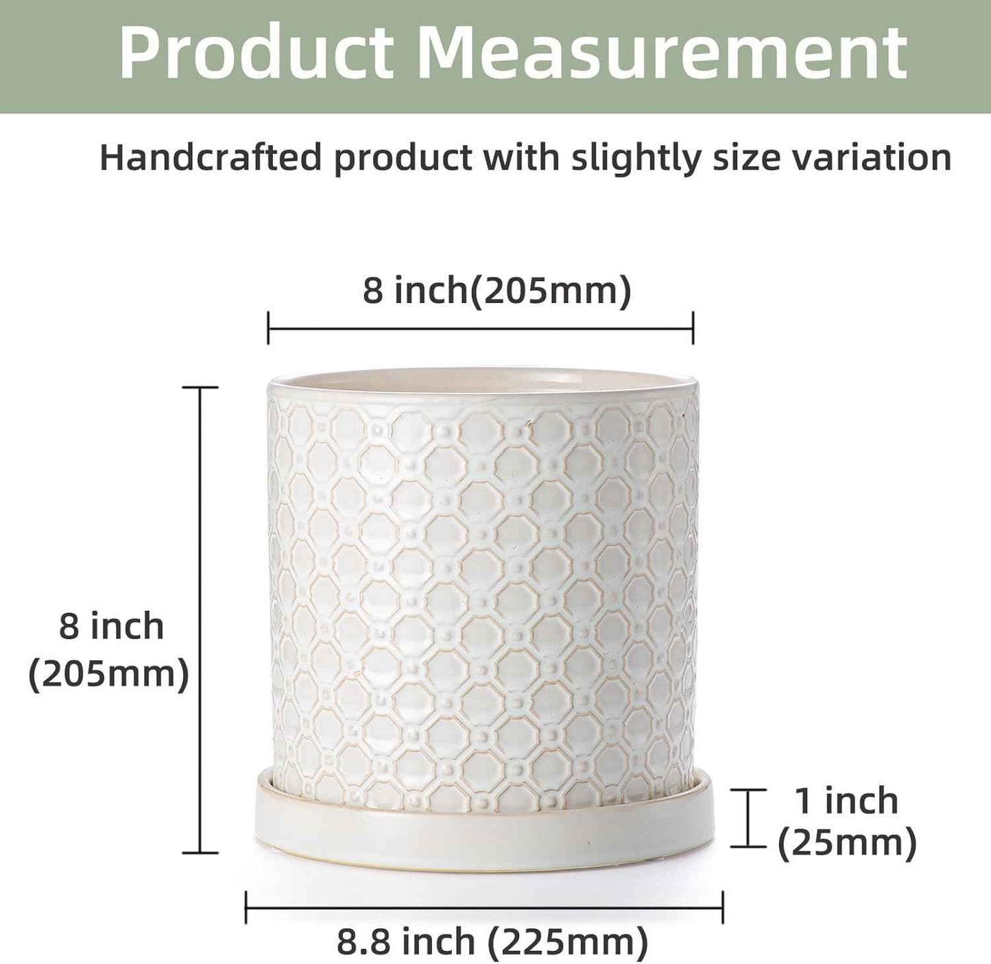 8 Inch Plant Pot: Ceramic Planter with Drainage Hole & Saucer Indoor Outdoor Plants - Cylinder Round Flower Pot for Home Office - Modern Decorative - Medium White