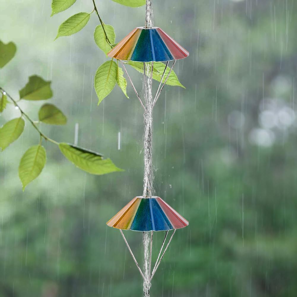 10 Ft Rain Chains for Outside, Colorful Parachute Shape Rain Catcher Chain with 10 Cups for Eaves Drainage, Replacement Downspout for Gutters