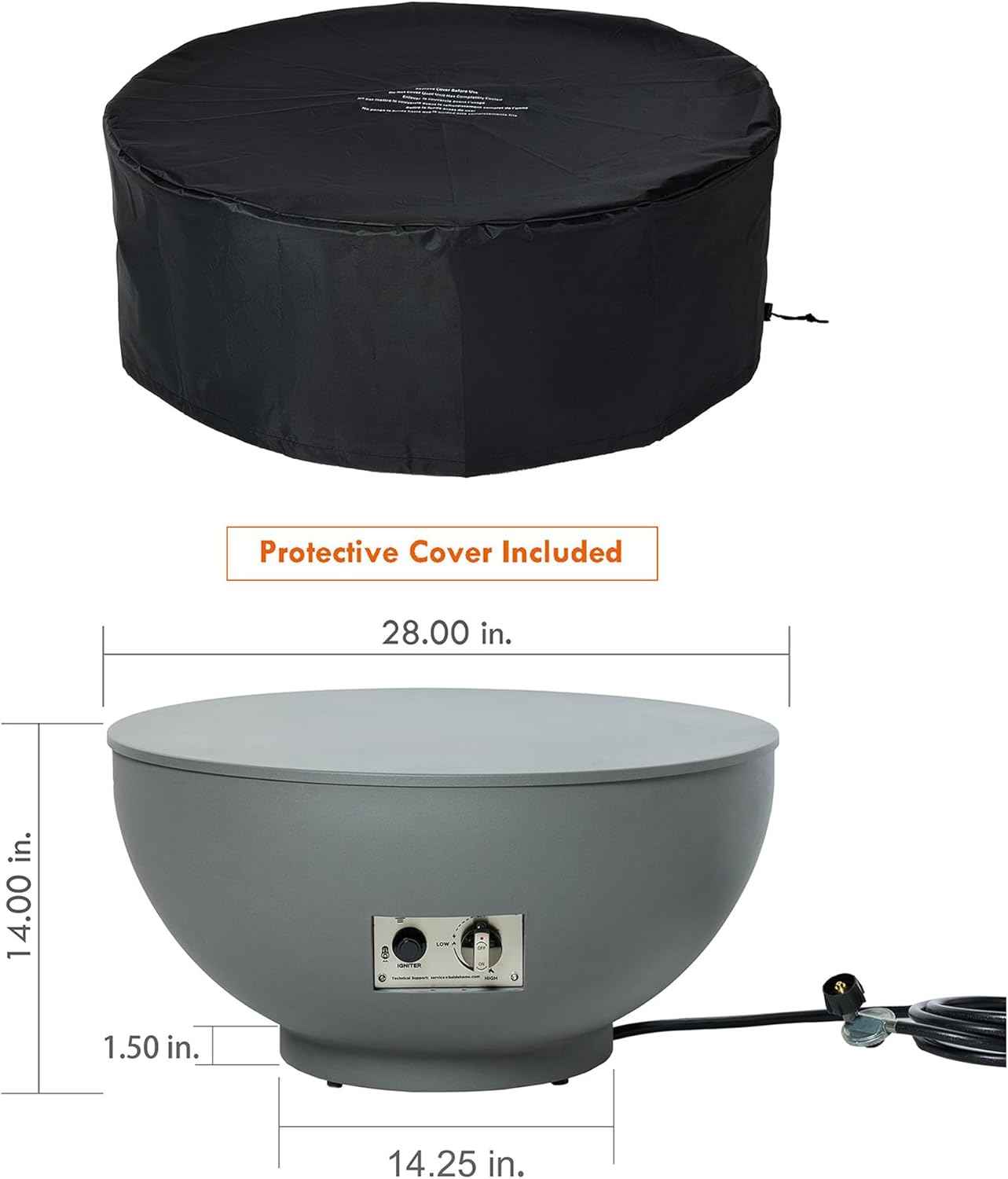 28-Inch Fire Table, 58,000 BTU Outdoor Propane Fire Pit, Patio Round Fire Bowl Gas Firepit with Lid, Lava Rocks, Cover, Pre-Attached 10 ft Propane Hose, Gray