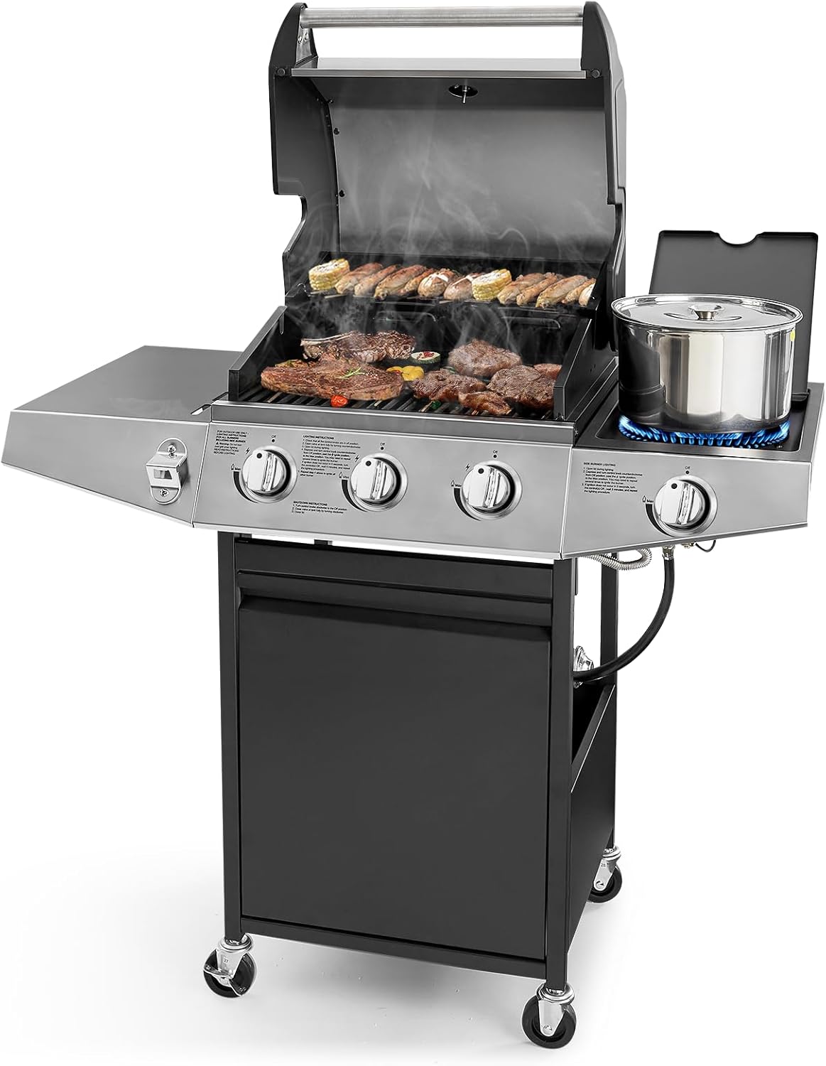 3 Burners Gas Grill with Side Burner, Propane Grill with Wheels and Storage, Outdoor Gas BBQ with Oil Tray and Thermometer for Patio and Party, 37000 BTU
