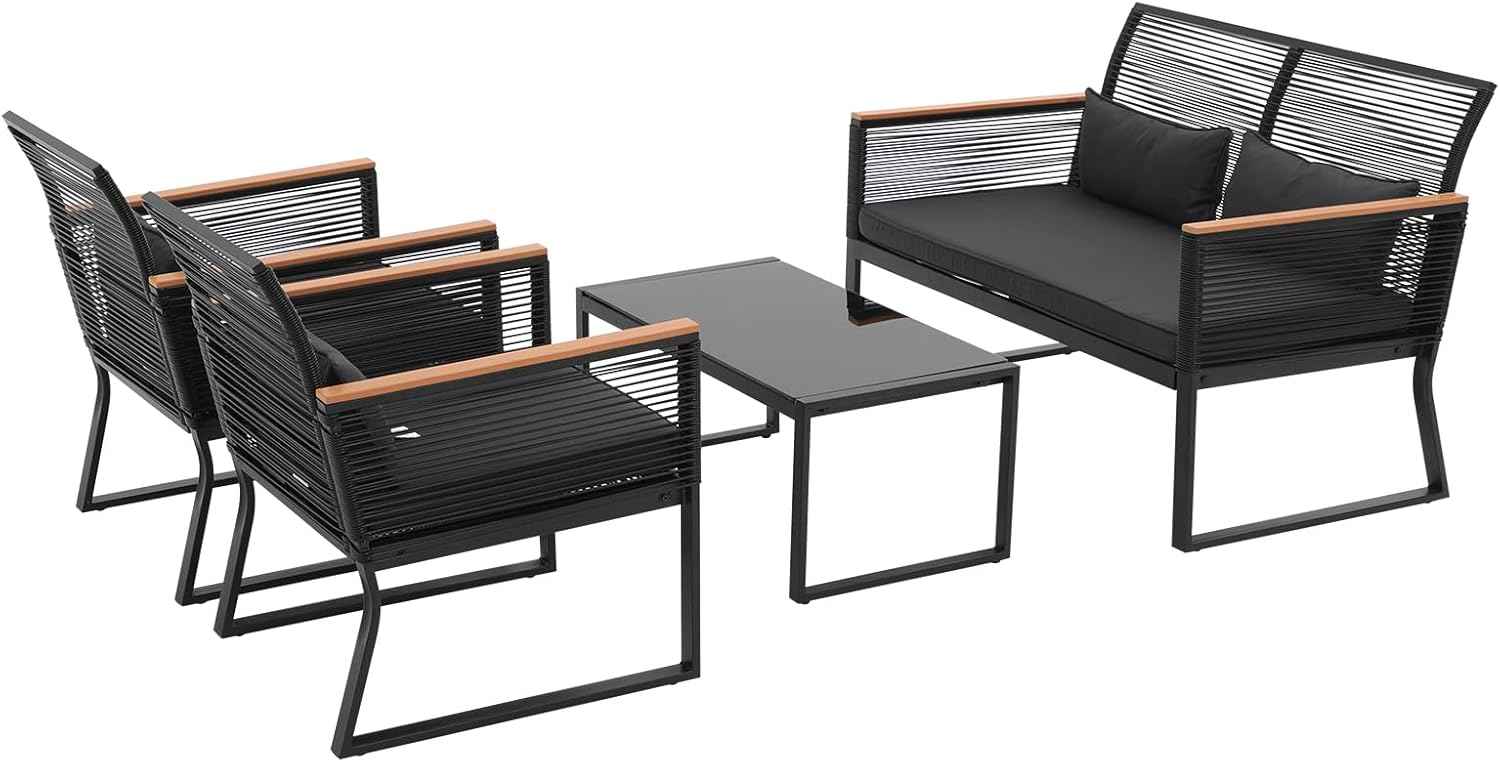 Patiorama 4 Piece Patio Furniture Set, Outdoor Wicker Bistro Set, All-Weather Black PE Rattan Conversation Set w/Coffee Table, Loveseat, Wood-Like Armrest, Cushions for Garden Balcony Deck, Dark Grey