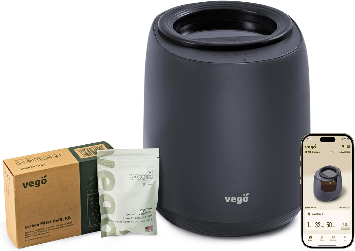 Vego Kitchen Composter, 4L Electric Composter Countertop 5 Modes Weight-Based Smart Compost Bin with App Odorless Auto-Cleaning Food Waste Compost Machine Indoor, Black