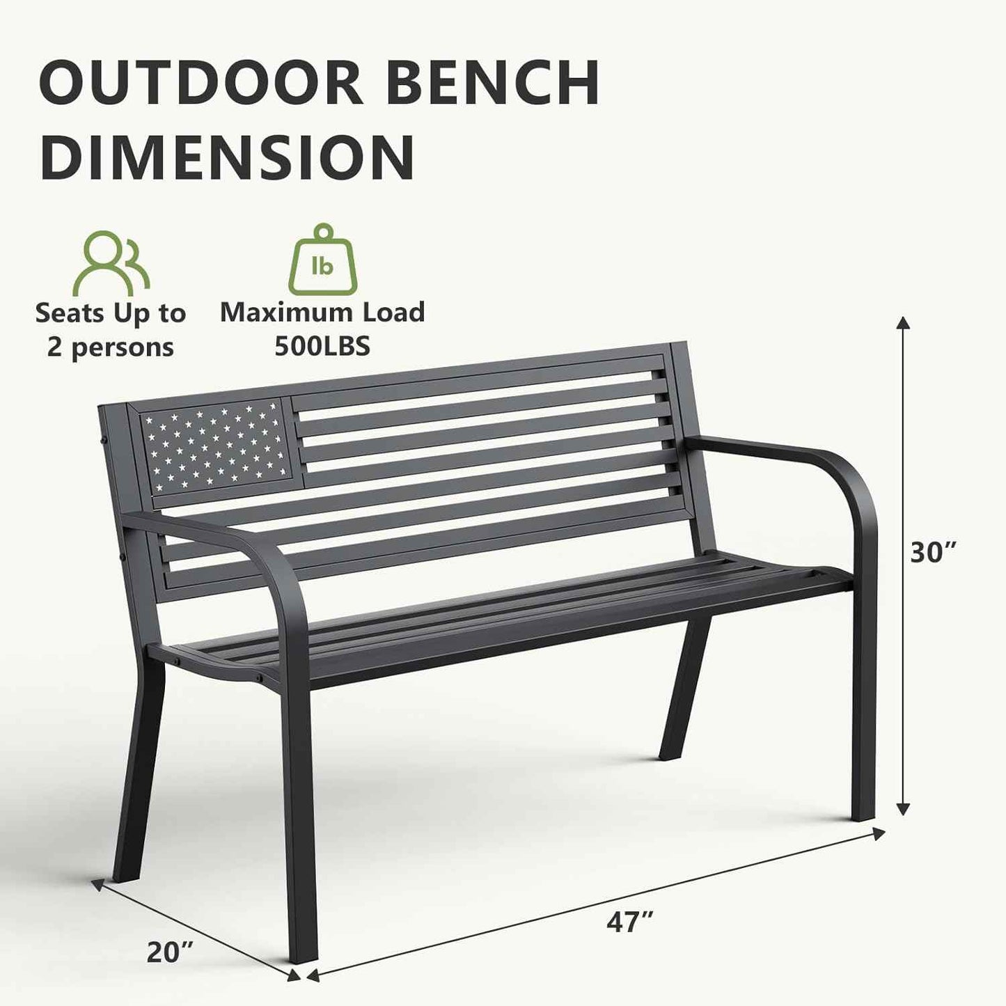 Outdoor Bench, Sturdy Metal Garden Bench with Classic Stars and Stripes Design Metal Backrest, 2-Person Patio Bench for Outside Seating, Cast Iron Steel Porch Yard Lawn Furniture, Black
